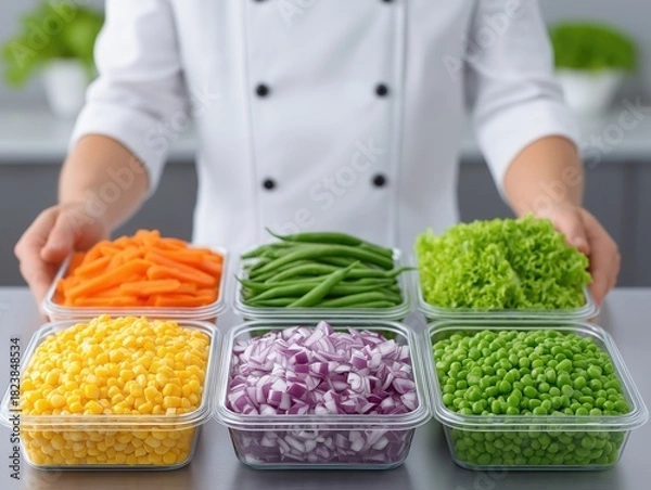 Fototapeta Chef in white uniform presenting a colorful array of fresh vegetables in clear containers, showcasing vibrant ingredients for healthy meal preparation and culinary creativity