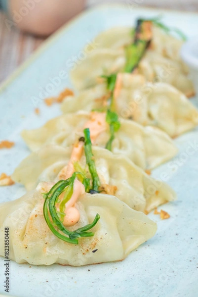 Fototapeta A vertical shot of gyoza drizzled with sauce