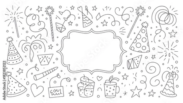 Fototapeta Festive party doodle elements hand-drawn vector illustration for holiday celebrations isolated on white background