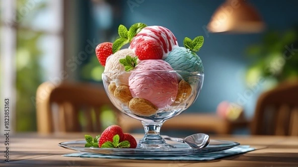 Obraz A colorful ice cream sundae with fresh strawberries and mint leaves in a glass bowl.