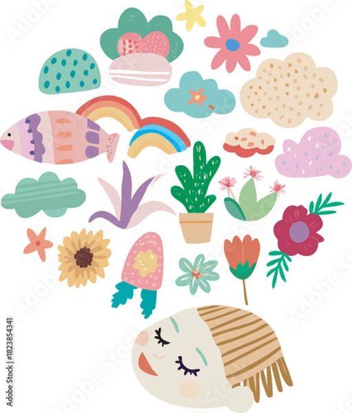 Obraz Collage Style Head Icon Dreaming of Abstract Fish, Rainbow, and Potted Cactus, Creative Fantasy Vector Illustration for Idea Generation
