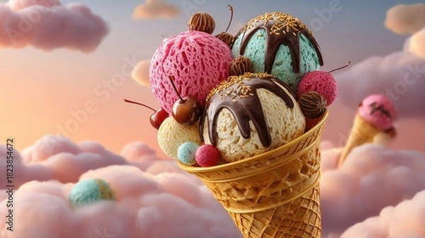 Obraz Delicious ice cream cone featuring vibrant flavors and colorful toppings.