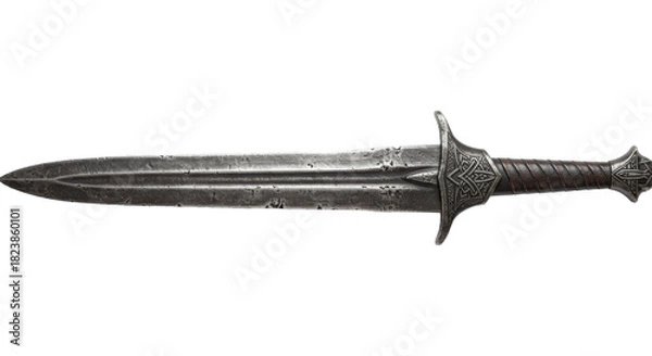 Fototapeta A battle-worn medieval longsword with an oxidized blade and ornate elven hilt on a white background with copy space, cinematic lighting, epic fantasy weapon concept