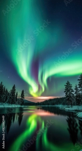 Obraz Ethereal display of lights shimmering above a serene winter landscape nightscape