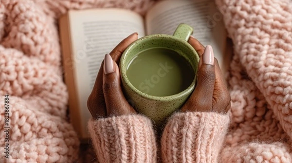 Fototapeta African American female hands gently cradle a green mug filled with warm beverage, surrounded by cozy knitted blanket and an open book, evoking a sense of comfort and relaxation