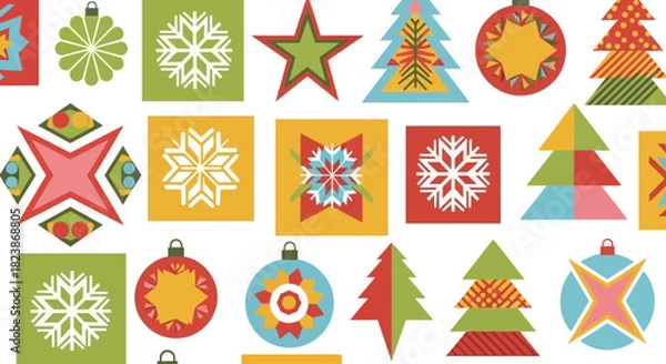 Fototapeta Festive Christmas Pattern with Colorful Geometric Shapes