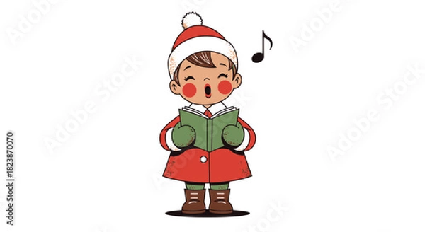 Fototapeta Joyful child in festive attire sings a heartwarming Christmas carol with musical notes floating in the air