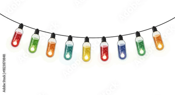 Fototapeta Bright and cheerful doodle art depicting a festive string of ten multi-colored electric light bulbs, perfect for holiday greetings and celebrations, adding a whimsical touch to any design