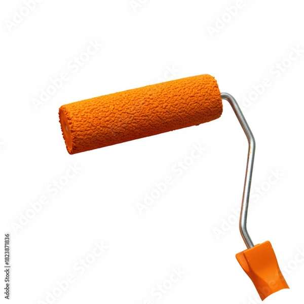 Fototapeta Extreme macro close-up of a microfiber roller sleeve applying a thick, wet stripe of intensely saturated tangerine orange paint on a transparent wall under studio light, concept of creative design and