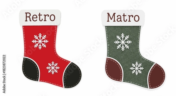 Fototapeta Charming illustration of two vintage-inspired holiday stockings, one deep red and one muted green, each embellished with intricate snowflake designs, perfect for seasonal celebrations and winter cheer