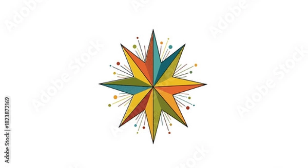 Fototapeta A vibrant, colorful eight-pointed star representing a modern compass rose for navigation and exploration. This is a geometric symbol of guidance and direction