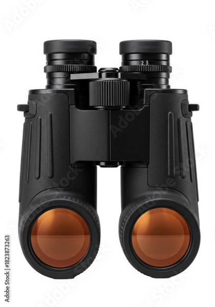 Fototapeta High-end compact field binoculars with orange details isolated on a white background with professional studio lighting. Concept of precision observation equipment
