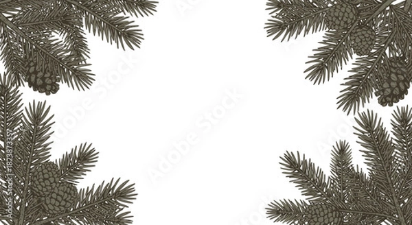 Fototapeta Monochromatic fir tree branches with pine cones forming a decorative winter holiday frame on a white background