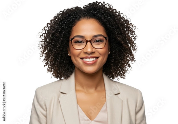 Obraz Professional confident woman with curly dark hair wearing glasses smiling brightly in studio portrait transparent background