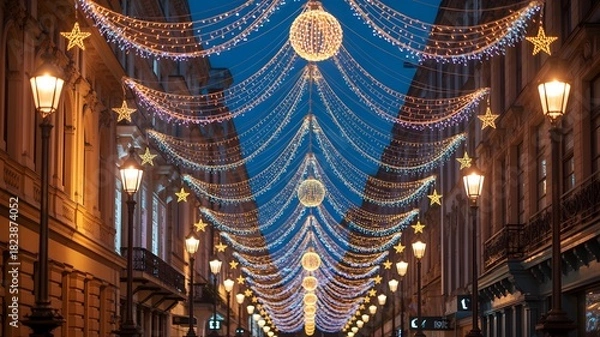 Fototapeta A beautifully illuminated city street adorned with sparkling christmas lights and festive decorations at night