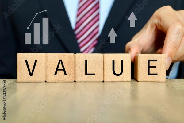 Fototapeta ビジネス的価値向上を示すVALUEと上昇グラフ。