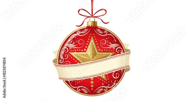 Fototapeta Sparkling red and gold Christmas decoration with intricate patterns, a prominent star, and an empty ribbon scroll, ready for personalized holiday messages