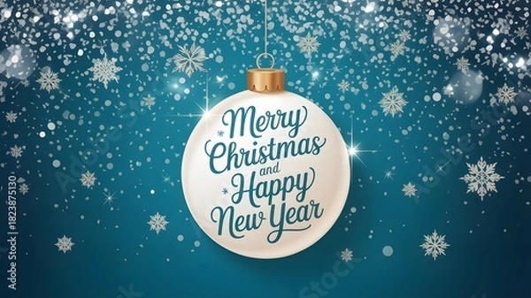 Fototapeta Merry christmas and happy new year ornament with falling snow and snowflakes on a blue festive background