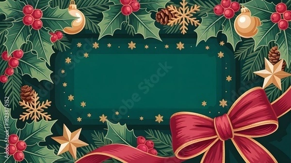 Fototapeta Festive christmas frame with holly, berries, pinecones, ornaments, and a red ribbon, perfect for holiday greetings