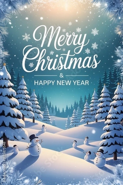 Fototapeta Merry christmas and happy new year greeting card with snowcovered trees and cute snowmen in a winter wonderland landscape