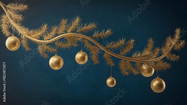 Fototapeta Elegant golden fir branch adorned with shimmering christmas baubles on a deep blue backdrop, festive season