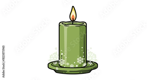 Fototapeta Illustrated green pillar candle with a warm burning flame and delicate snowflakes, isolated on a white background for holiday design