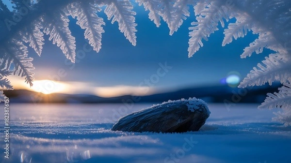 Fototapeta Frozen wonderland with delicate hoarfrost framing a serene winter sunset over a snowcovered field