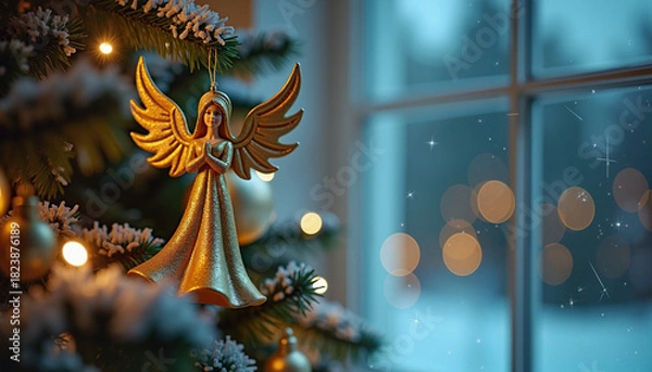Obraz Golden angel ornament hanging on Christmas tree by window  