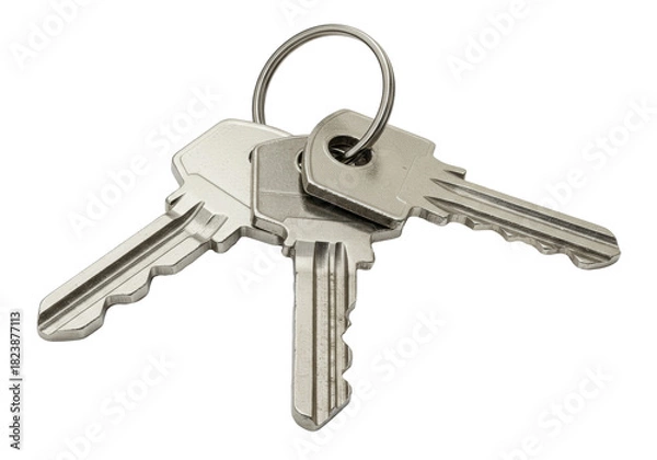 Fototapeta Three modern silver metallic house keys with different textures on a chrome ring, isolated on a transparent background concept of home ownership and security
