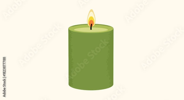 Fototapeta A single green pillar candle with a burning flame, isolated vector illustration representing relaxation, aromatherapy, and spa treatment