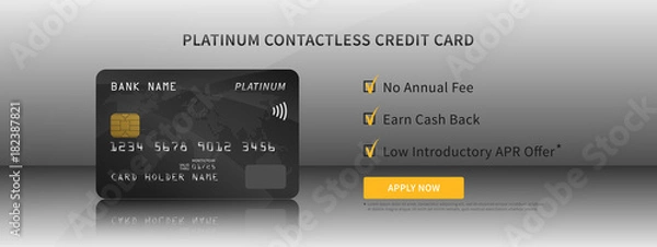 Obraz Credit card features vector illustration. Contactless bank credit (debit) card promotion creative concept. Plastic bank card with bonuses (money cashback, no annual fee) graphic design.