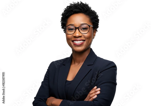 Fototapeta Smiling black woman in glasses and suit isolated on transparent background