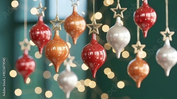 Fototapeta Closeup of festive christmas ornaments in red, orange, and silver with star details and bokeh lights