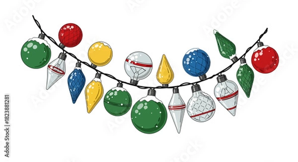Fototapeta Festive string lights with assorted bulb shapes in various colors, perfect for holiday decoration and illumination