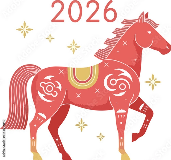 Fototapeta Stylized red horse with gold accents beneath 2026 set against a white backdrop with small scattered gold stars