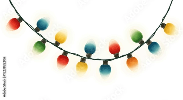 Fototapeta Vibrant string of glowing multicolored bulbs creating a festive ambiance, ideal for holiday celebrations, seasonal decorations, and joyful events, illuminating spaces with a warm glow