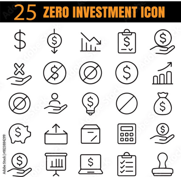 Fototapeta Zero Investment Set | Free Startup & Cost-Free Business Outline Icons | Minimal Finance Collection
