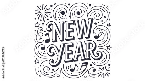 Fototapeta New Year doodle lettering with swirls and musical notes hand-drawn vector illustration for holiday greeting cards and festive designs isolated on white background