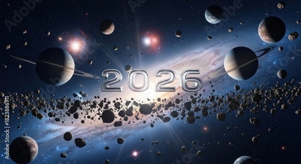 Obraz Futuristic cosmic scene with planets, asteroids, and a bright galaxy, year 2026
