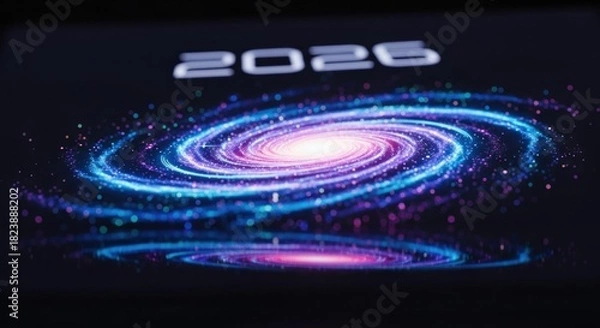 Obraz Futuristic digital artwork featuring a swirling galaxy beneath the year 2026, reflection