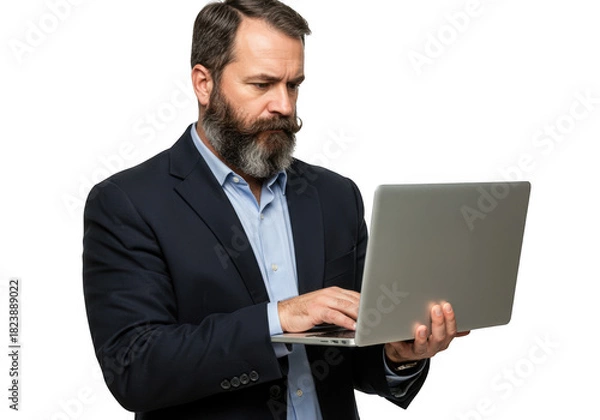 Fototapeta Bearded businessman working on a laptop isolated on transparent background