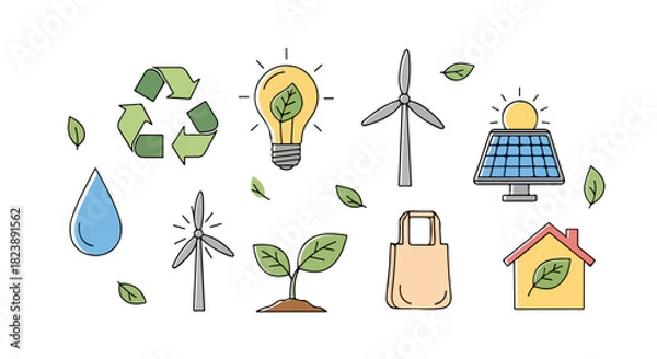 Obraz Illustrations of renewable energy sources and recycling symbols symbolizing environmental conservation and sustainable living practices