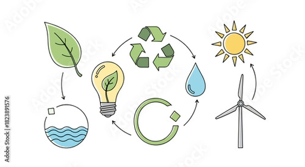 Obraz Sustainable Energy Cycle Eco-Friendly Icons Depicting Renewable Resources and Environmental Consciousness