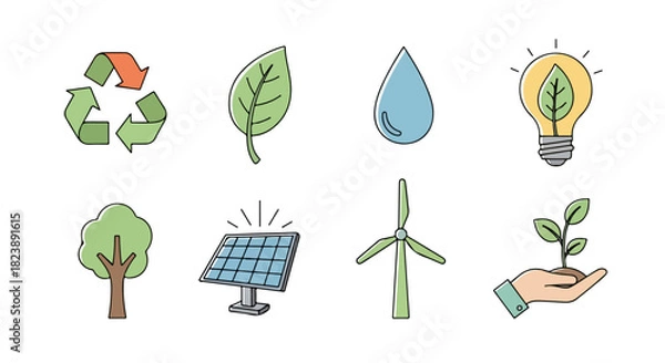 Obraz Comprehensive set of linear vector icons representing environmental conservation, renewable energy, and sustainable living concepts for eco-friendly design projects and awareness campaigns