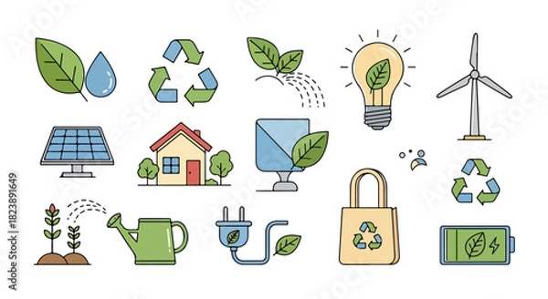 Obraz Comprehensive set of eco-friendly line icons illustrating sustainable energy, environmental protection, and green living concepts for a healthier planet's future