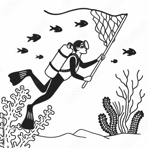 Fototapeta Diver with a net catching fish underwater near coral scuba diver ocean