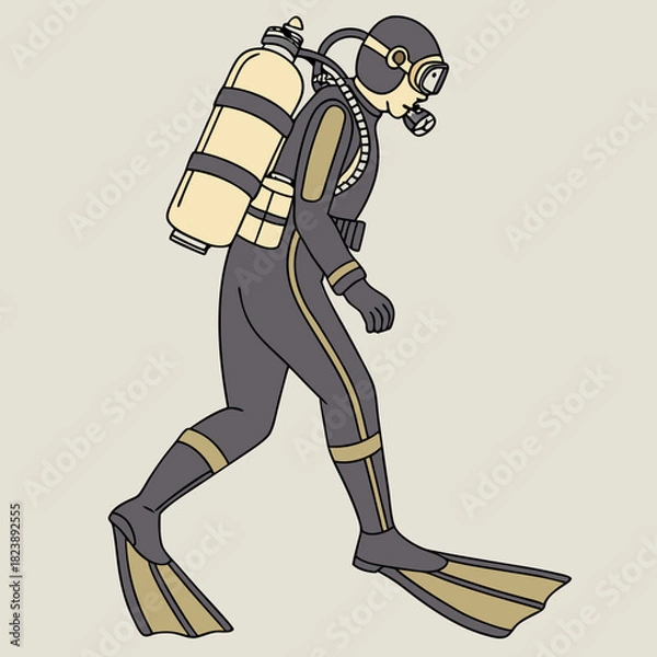 Fototapeta Full body illustration of a diver in a grey and gold wetsuit with a yellow oxygen tank and flippers scuba diver
