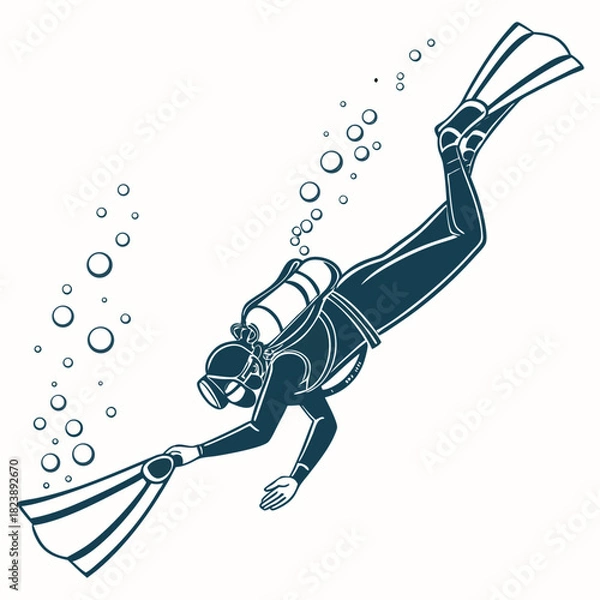 Fototapeta Line art illustration of a scuba diver reaching out with a flipper on a white background with bubbles