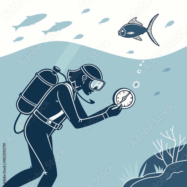 Fototapeta Scuba diver checking depth gauge near a fish underwater ocean diving