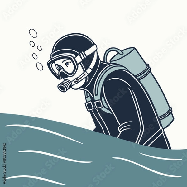 Fototapeta Scuba diver emerging from water with bubbles rising underwater ocean